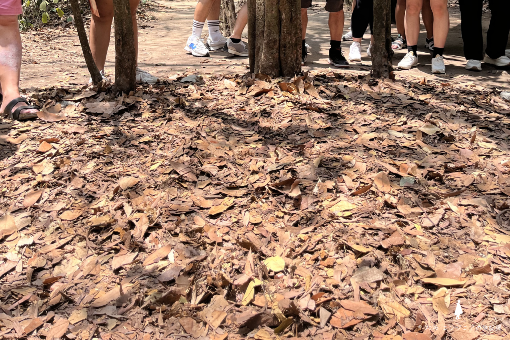 ベトナム戦争で実際に使われた地面に隠れる体験をしている様子