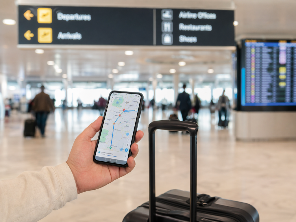 海外旅行先の空港でスマホの地図アプリを確認している様子