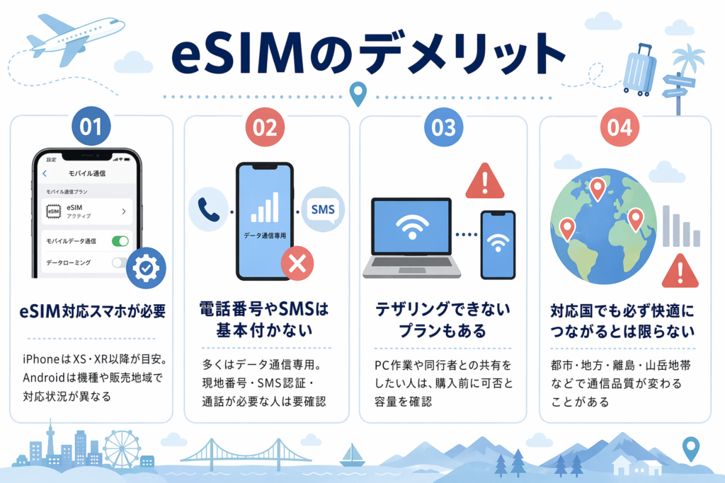 eSIMのデメリットをまとめた図解。対応端末が必要、SIMロック解除が必要な場合がある、設定で少し迷いやすい、国やサービスでつながりやすさに差がある