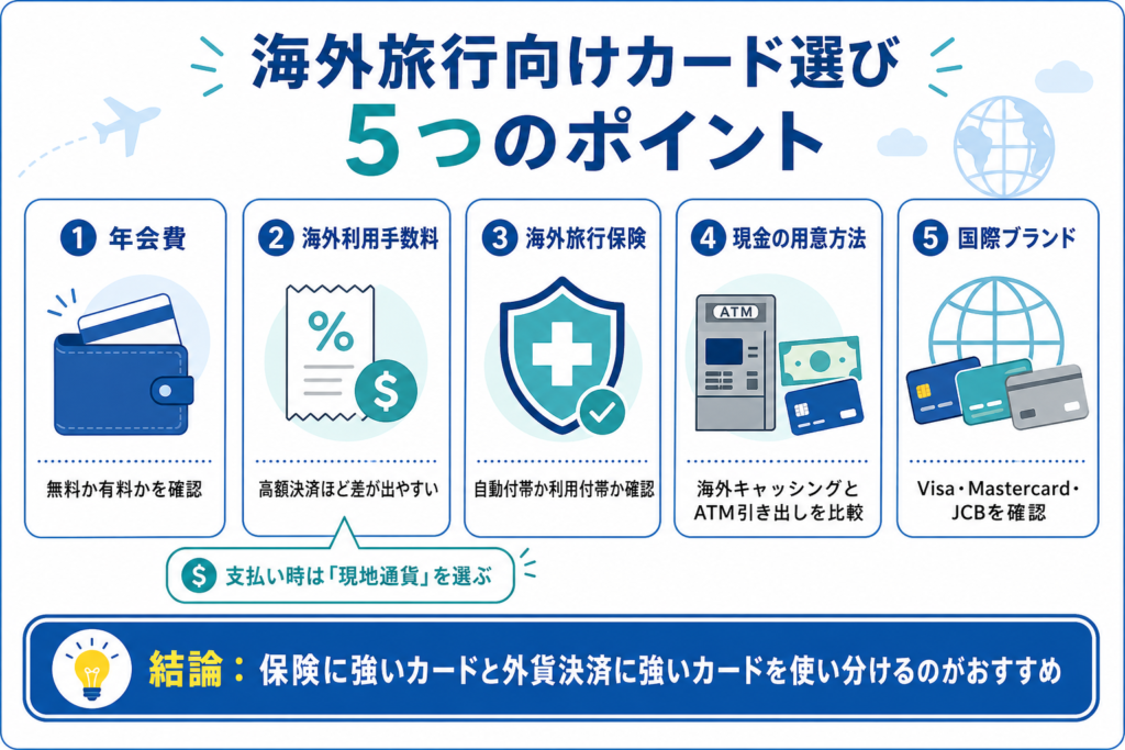 海外旅行向けカード選びの5つのポイントをまとめた図解