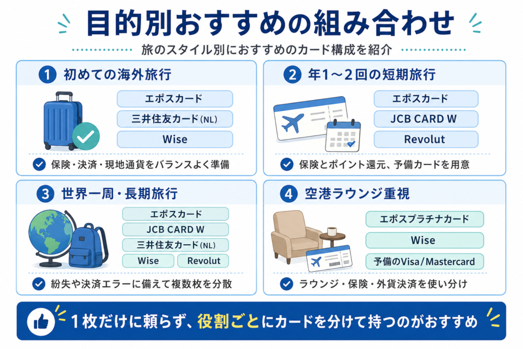 海外旅行の目的別におすすめのカード組み合わせをまとめた図解