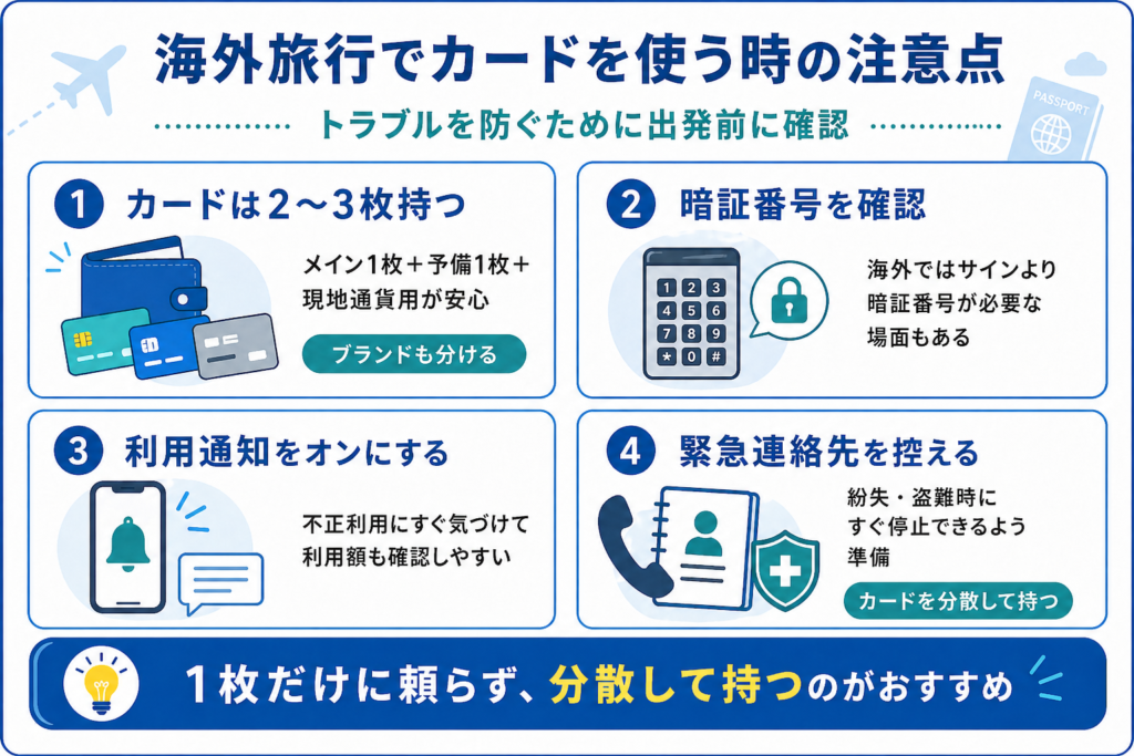 海外旅行でカードを使う時の注意点をまとめた図解