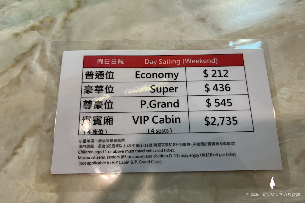 ターボジェットの料金表