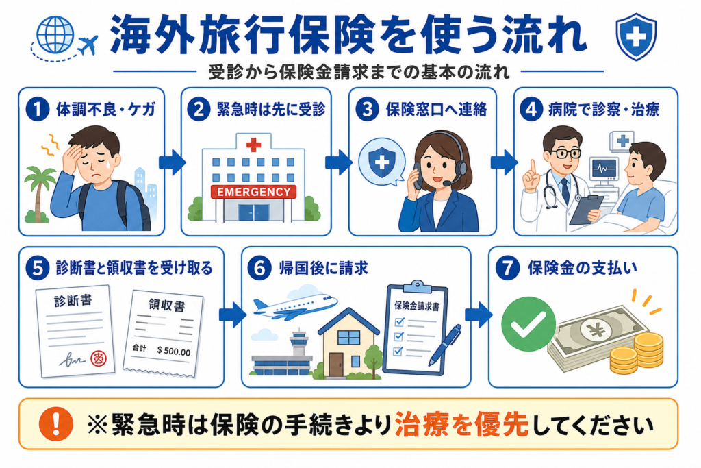 海外旅行保険を使うときの受診から保険金請求までの流れ