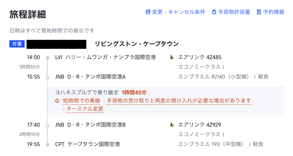 ヨハネスブルグ1時間45分乗り継ぎの予約画面・搭乗券